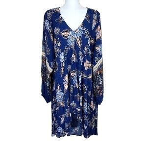 Aveology Dress Womens 18 Hi Low Blue Floral Swing Boho Long Sleeve Tunic Crochet